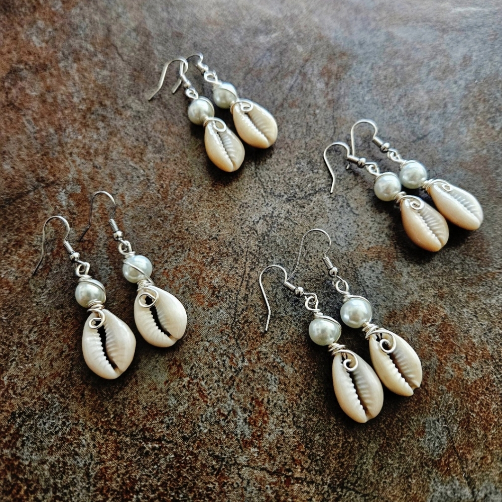 Cowrie Shell Earrings, Wire Wrapped, Silver